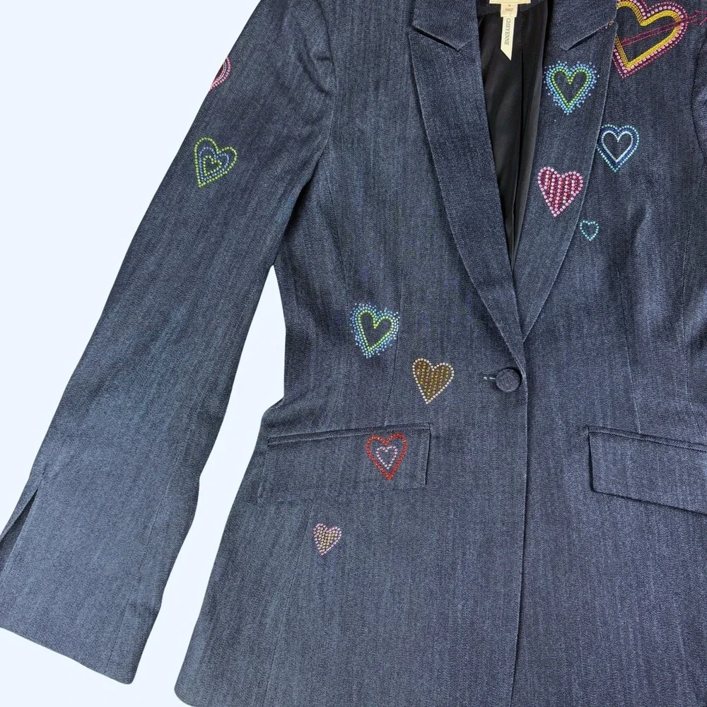Cinq a Sept Cheyenne Blazer Women Size 6 Blue Denim Rhinestone Heart Embellished